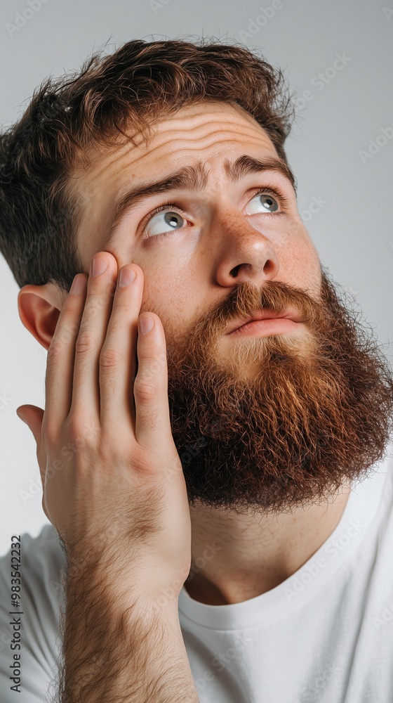 Obraz premium Thoughtful man with a beard gazes upward while resting his hand on his cheek in a minimalist setting