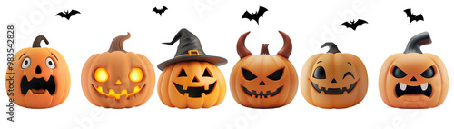 Halloween pumpkin set with jack-o’-lantern faces: angry, happy, funny in close-up, half-body, and full-body in 3D cartoon, Isolated on Transparent Background, PNG