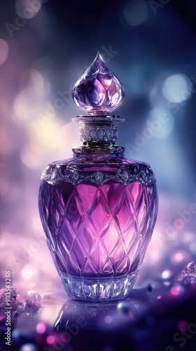 A stunning purple perfume bottle surrounded by sparkling gems, radiating luxury and elegance in a dreamy atmosphere.