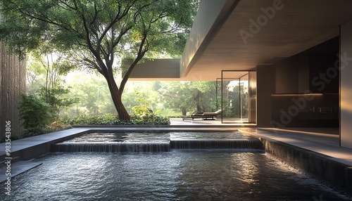 Realistic interior shot of a sleek threefloor house with a large indoor tree and an indoor river, modern and luxurious design, highdetail image photo