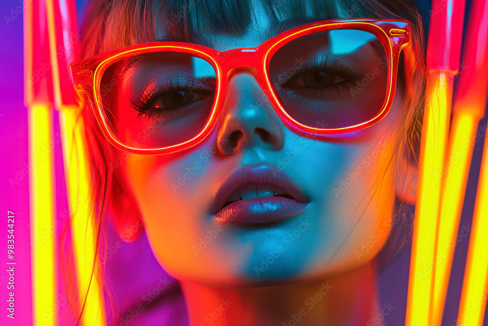 Neon close up portrait of young woman in red sunglasses with glow sticks. Neon close up portrait of young woman in red sunglasses with glow sticks.