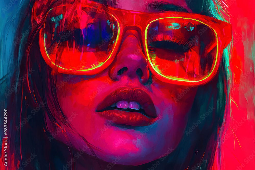 Neon close up portrait of young woman in red sunglasses with glow sticks. Neon close up portrait of young woman in red sunglasses with glow sticks.