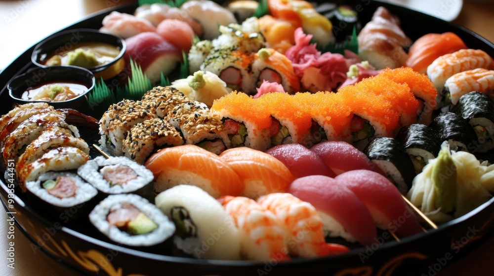 A beautifully arranged platter of assorted sushi rolls, sashimi, and tempura, with dipping sauces and chopsticks. A beautifully arranged platter of assorted sushi rolls, sashimi, and tempura, with dipping sauces and chopsticks.