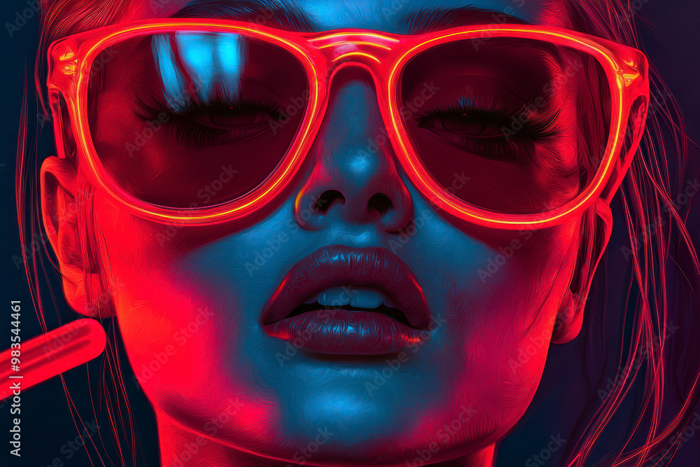 Neon close up portrait of young woman in red sunglasses with glow sticks. Neon close up portrait of young woman in red sunglasses with glow sticks.