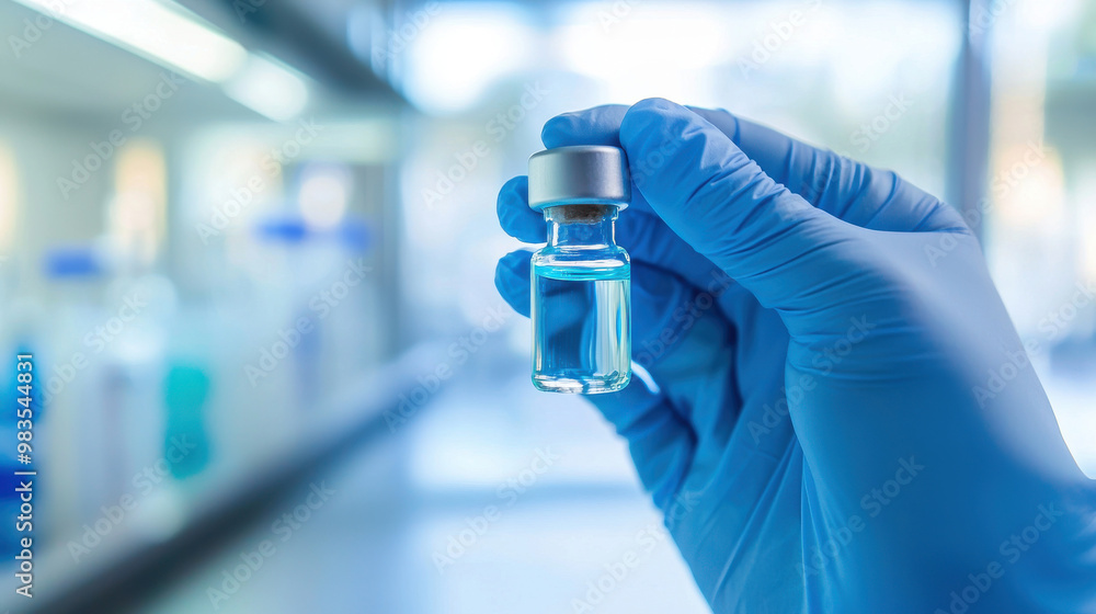 A person in blue gloves holds a small glass vial filled with a blue liquid, set against a blurred laboratory background. A person in blue gloves holds a small glass vial filled with a blue liquid, set against a blurred laboratory background.