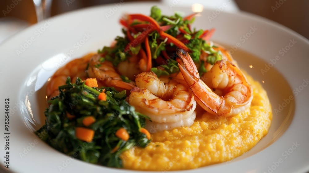 A beautifully plated dish of shrimp and grits with a side of sauted greens, served on a white ceramic plate.