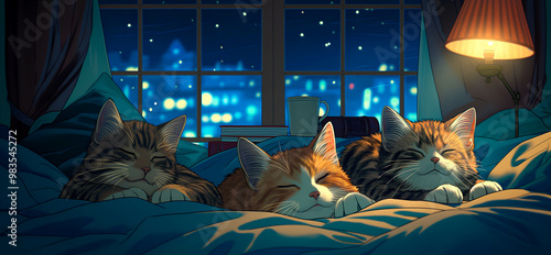 Cats sleeping sweetly on a bed under the light of a lamp, in front of an open window with the blue lights of the city outside. The concept is peaceful.