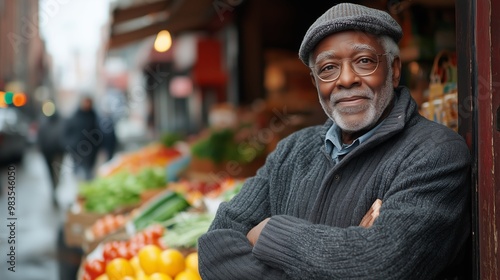  A distinguished elderly man stands confidently in front of a vibrant outdoor market, displaying fresh produce.