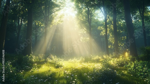 A secluded forest clearing with radiant sunlight piercing through the dense canopy, creating a mystical atmosphere with long shadows and glowing mist