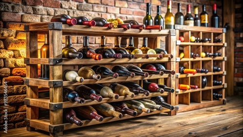 Rustic wooden wine bottle holder with various bottles on shelves in cellar