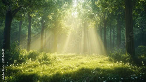 A secluded forest clearing with radiant sunlight piercing through the dense canopy, creating a mystical atmosphere with long shadows and glowing mist