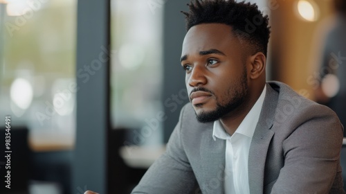 A businessperson sitting at a roundtable discussion, listening intently to a colleague presentation.