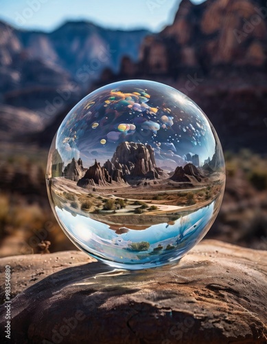 A breathtaking desert landscape with towering rock formations, beautifully reflected inside a glass sphere. The surrounding mountains and colorful sky create a dramatic and surreal atmosphere.