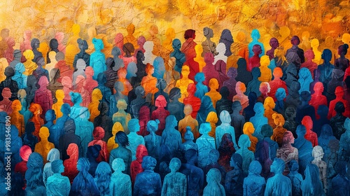 Crowd of people, a vibrant painting symbolizing unity in diversity.