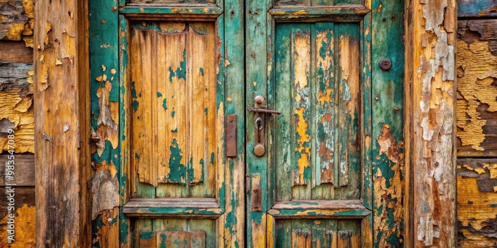 Rustic weathered wooden door with cracked paint texture in close-up photography Rustic weathered wooden door with cracked paint texture in close-up photography