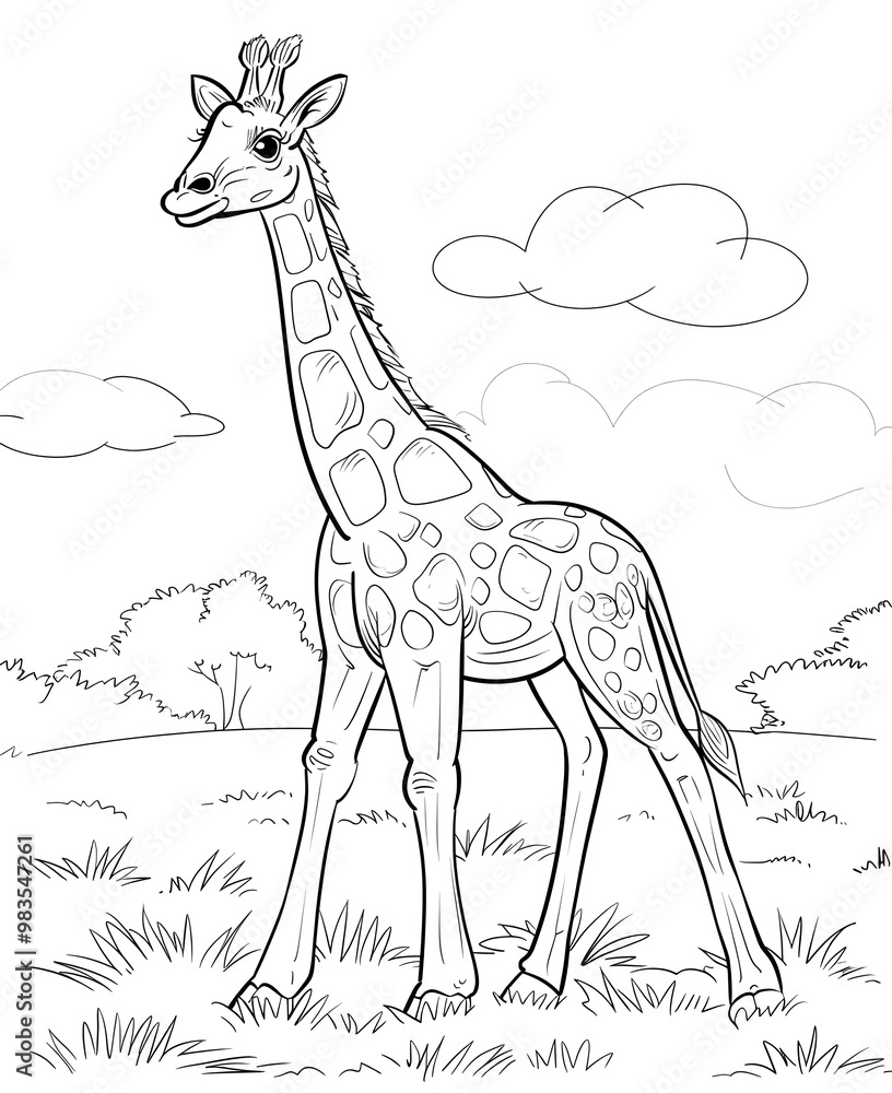 Fototapeta premium Adorable Giraffe Coloring Page for Kids with Nature Background