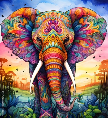 Colorful Elephant in Artistic Patterned Coloring Page Design photo