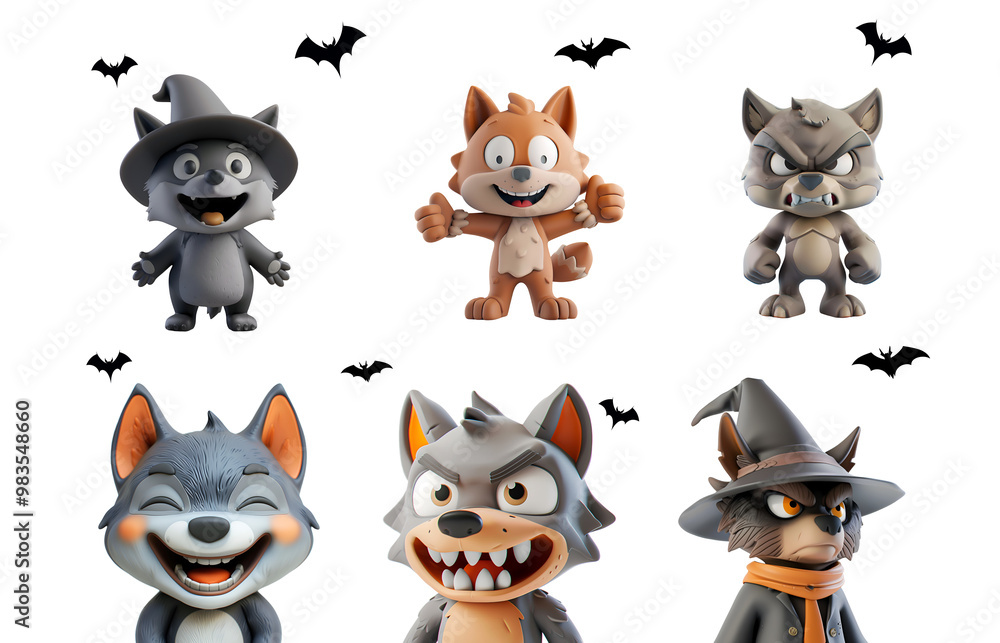 Naklejka premium Halloween werewolf set collection with various expressions: angry, happy, funny in close-up, half-body, and full-body in 3D cartoon illustration, Isolated on Transparent Background, PNG