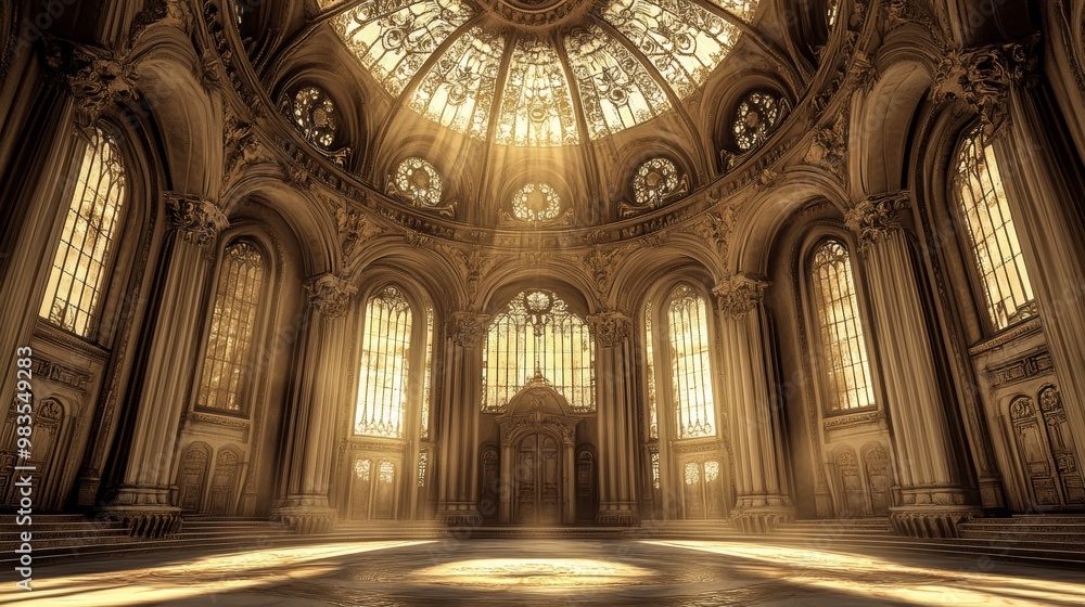 Fototapeta premium A steampunk-inspired dome with ornate stained-glass windows, gears visible beneath the structure, Vintage, 3D render, sepia tones, industrial fantasy