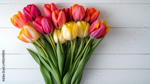 Overhead view of a vibrant tulip bouquet in a vase on a white wooden surface, springtime floral arrangement on solid white background