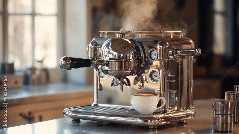 A classic espresso machine with gleaming metal surfaces and a steaming cup of espresso on the countertop. A classic espresso machine with gleaming metal surfaces and a steaming cup of espresso on the countertop.