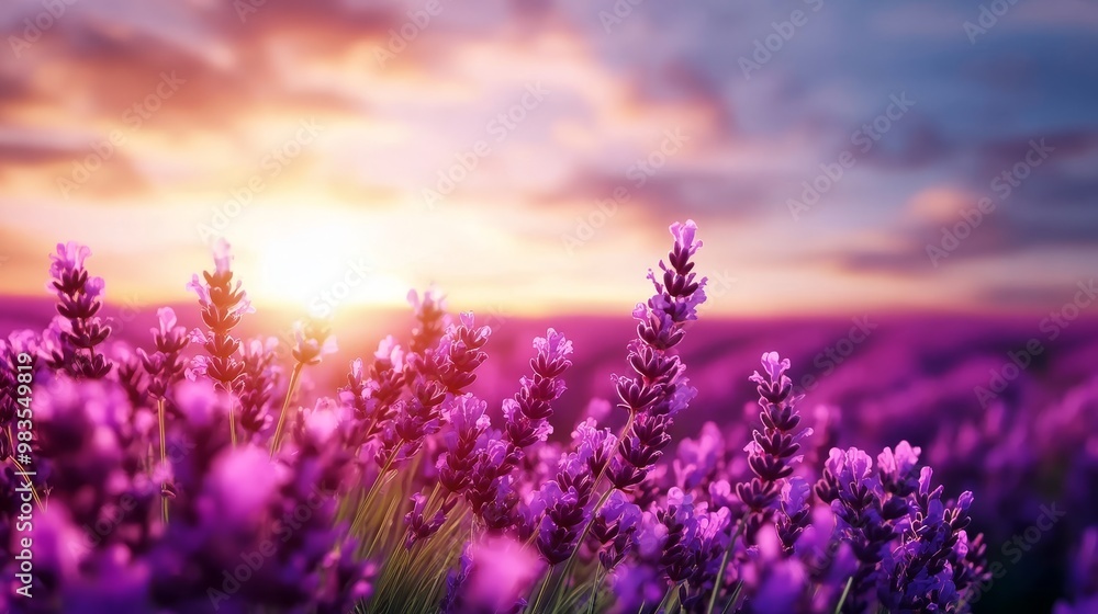 Obraz premium Serene lavender field under a bright blue sky, rows of flowers creating a tranquil scene, on solid white background, single object