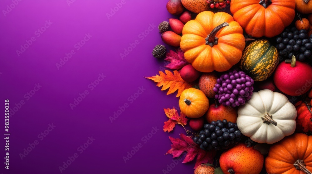 3D-style pumpkins and autumn fruits on a vibrant purple background, adding a festive touch to seasonal designs. 3D-style pumpkins and autumn fruits on a vibrant purple background, adding a festive touch to seasonal designs.