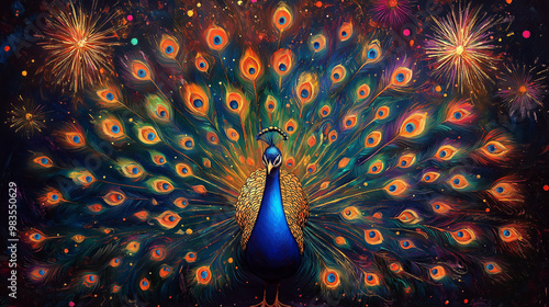 Peacock and Fireworks: A majestic peacock with its feathers spread wide, adorned with rangoli patterns, and fireworks illuminating the sky behind it, Diwali