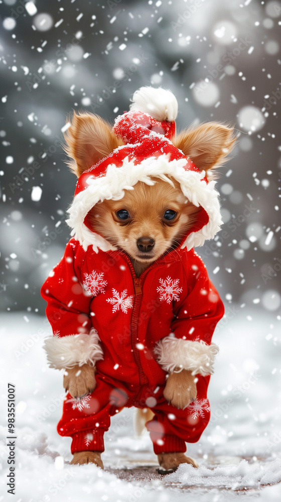 Adorable Chihuahua in Red Christmas Outfit Playing in Snowy Winter Wonderland Adorable Chihuahua in Red Christmas Outfit Playing in Snowy Winter Wonderland