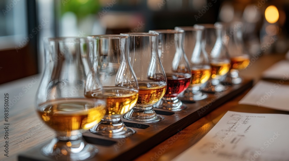 A close-up of a neatly arranged whiskey flight, with different types of whiskey served in elegant glasses. A close-up of a neatly arranged whiskey flight, with different types of whiskey served in elegant glasses.
