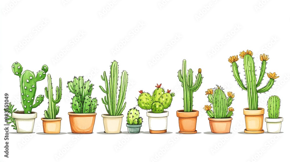 Fototapeta premium A vibrant collection of diverse cacti in pots, showcasing various shapes and sizes, perfect for adding a touch of nature indoors.