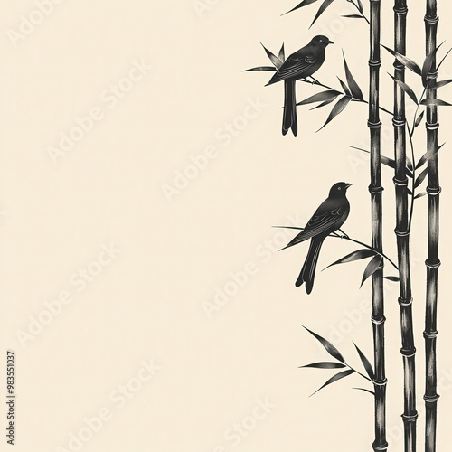 Elegant illustration of birds perched on bamboo stalks, creating a serene and tranquil atmosphere, perfect for nature lovers. photo