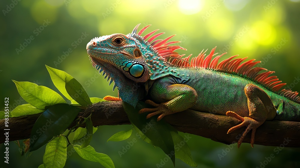 A vibrant lizard rests on a branch amidst lush green foliage, showcasing its striking colors and unique features in the warm sunlight. A vibrant lizard rests on a branch amidst lush green foliage, showcasing its striking colors and unique features in the warm sunlight.