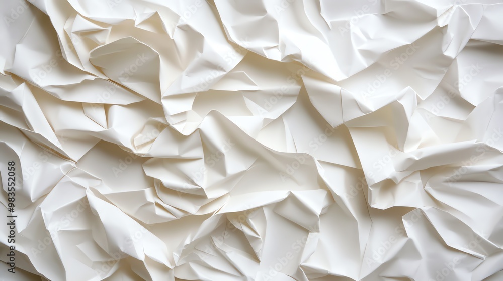 Obraz premium Close-up of crumpled white paper texture, showcasing intricate folds and shadows for artistic and design inspiration.