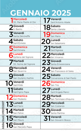 Calendario 2025 con Santi e Festività