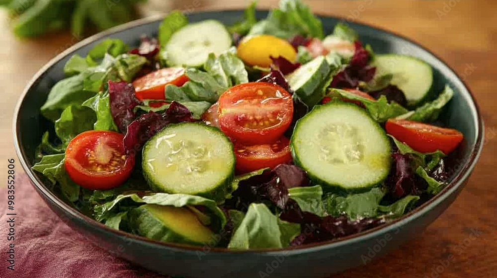 A colorful salad bowl with mixed greens, cherry tomatoes, cucumbers, avocado, and a light vinaigrette dressing. A colorful salad bowl with mixed greens, cherry tomatoes, cucumbers, avocado, and a light vinaigrette dressing.