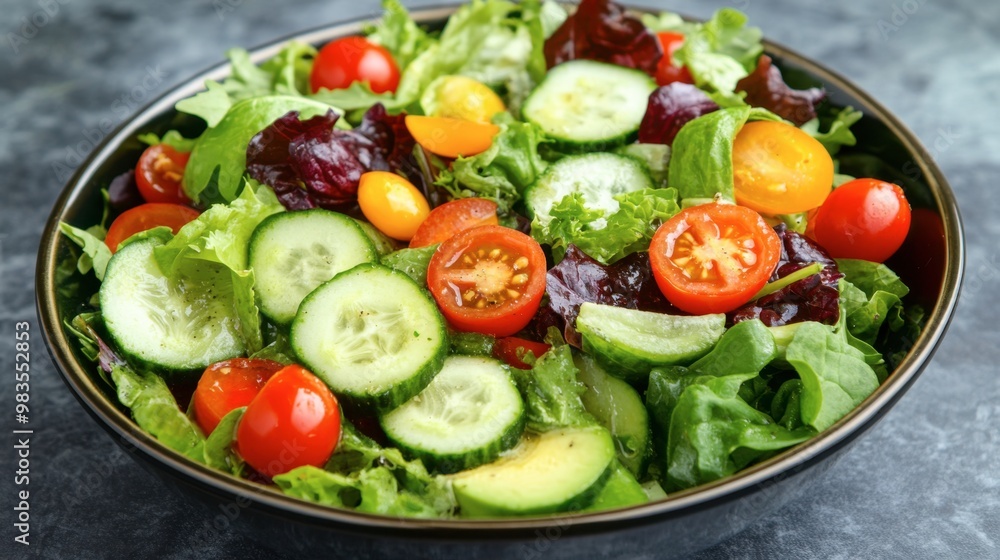 A colorful salad bowl with mixed greens, cherry tomatoes, cucumbers, avocado, and a light vinaigrette dressing. A colorful salad bowl with mixed greens, cherry tomatoes, cucumbers, avocado, and a light vinaigrette dressing.