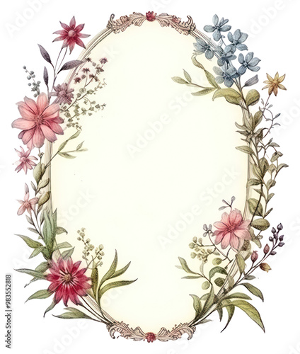 PNG Vintage frame wildflower pattern plant oval.