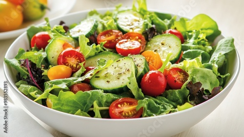 A colorful salad bowl with mixed greens, cherry tomatoes, cucumbers, avocado, and a light vinaigrette dressing.