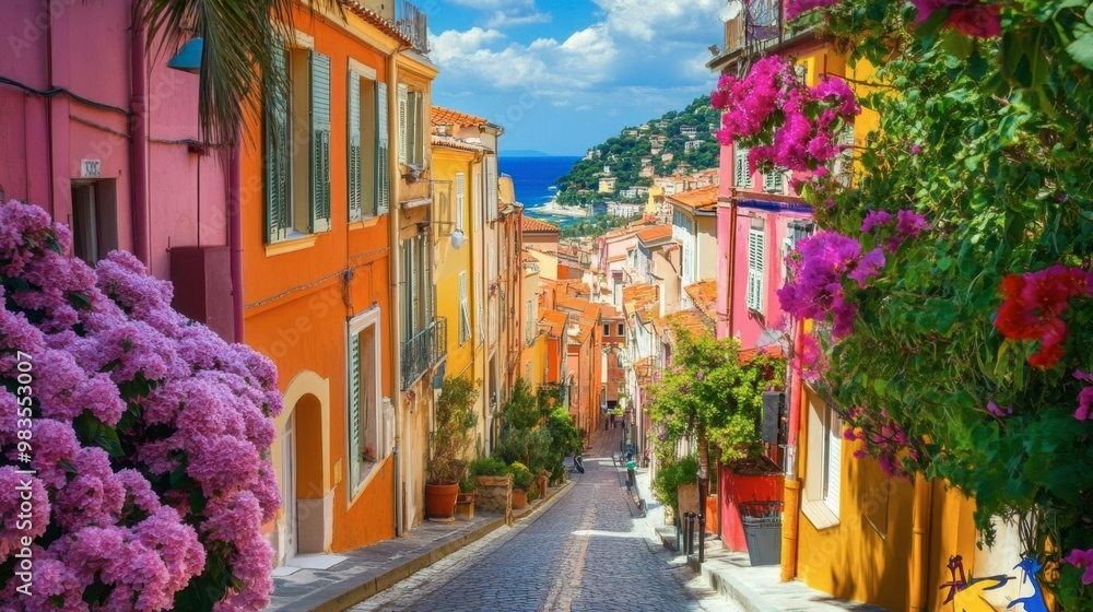 Fototapeta premium A colorful street scene in Nice, with pastel-colored buildings and flowers in bloom.