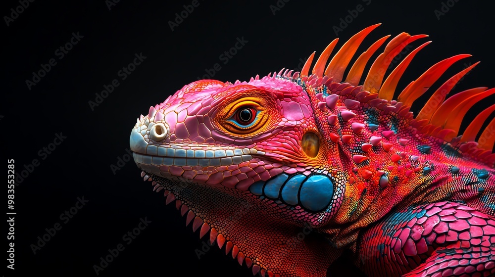 Vibrant close-up of a colorful lizard showcasing intricate details and vivid patterns against a dark background. Vibrant close-up of a colorful lizard showcasing intricate details and vivid patterns against a dark background.