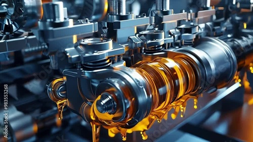 Close up of engine lubrication system showcasing oil flow and mechanical parts, conveying power, precision, and maintenance importance