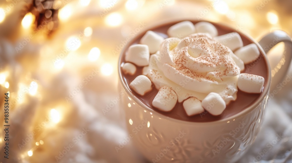 A cozy and inviting hot chocolate with whipped cream and marshmallows, perfect for a winter afternoon. A cozy and inviting hot chocolate with whipped cream and marshmallows, perfect for a winter afternoon.