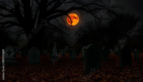 An old, overgrown cemetery is cast in the eerie light of a total lunar eclipse.  photo