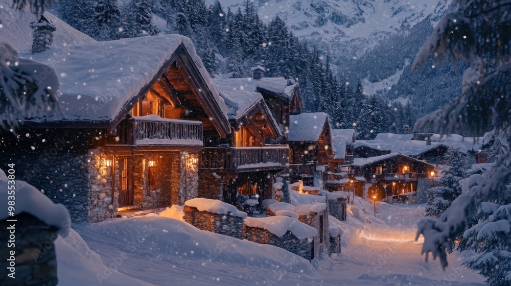 Fototapeta premium A cozy chalet in the French Alps, with snow-covered rooftops and a crackling fire inside.