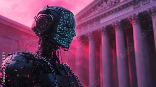 A robotic entity restricted by digital chains inscribed with legal codes, standing before a futuristic Supreme Court, Vaporwave, Pastel colors, Surrealism, Abstract design photo