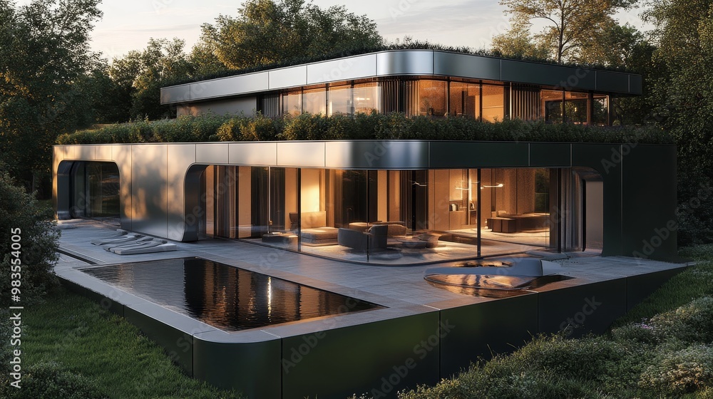 A futuristic cube home with metallic silver panels and LED lighting outlining the edges A futuristic cube home with metallic silver panels and LED lighting outlining the edges