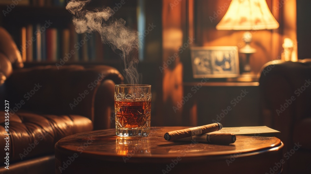 A cozy lounge setting with a glass of whiskey and a cigar, evoking a sophisticated and relaxed atmosphere. A cozy lounge setting with a glass of whiskey and a cigar, evoking a sophisticated and relaxed atmosphere.