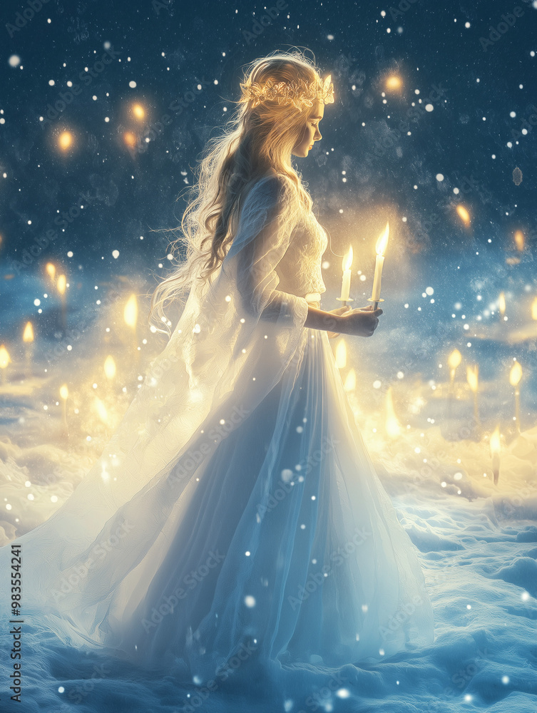 Beautiful Woman Holding Candles in a Snowy Night Scene with Glowing Lights, Celebrating Santa Lucia Beautiful Woman Holding Candles in a Snowy Night Scene with Glowing Lights, Celebrating Santa Lucia