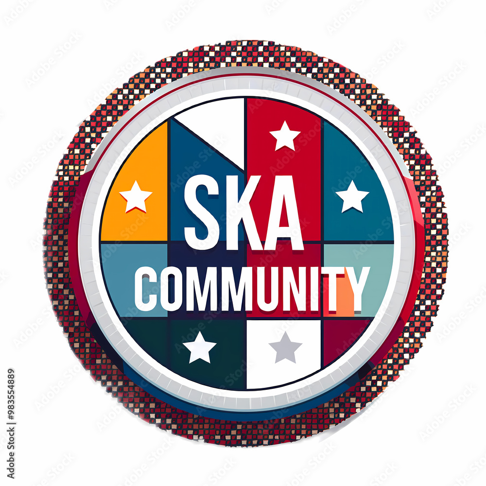 Ska Community, design, with circular logo and colourful pattern background
Ska Community, design, with circular logo and colourful pattern background